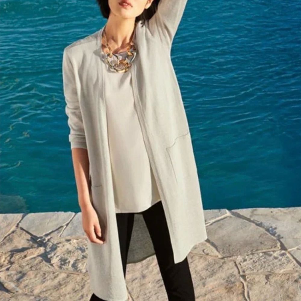 Eileen Fisher Cardi Sweater Bone Organic Linen Crepe Sparkle Long Cardigan Beige